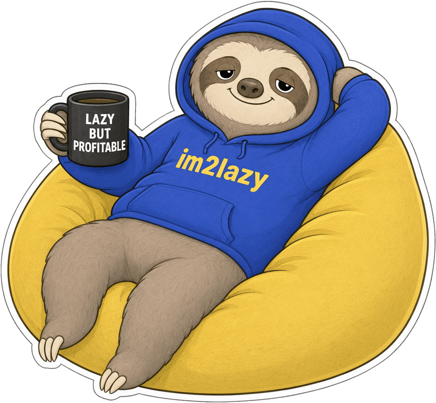 Das im2lazy-Faultier lümmelt im Sitzsack, eine Tasse in der Hand